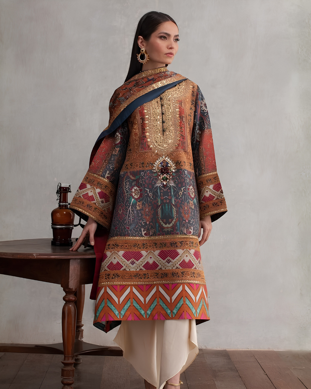 Printed Zardozi Tunic with Drape Tulip Salwar