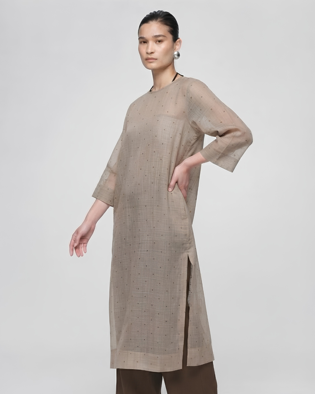 Muted Taupe Chanderi Tunic & Satin Trousers Set