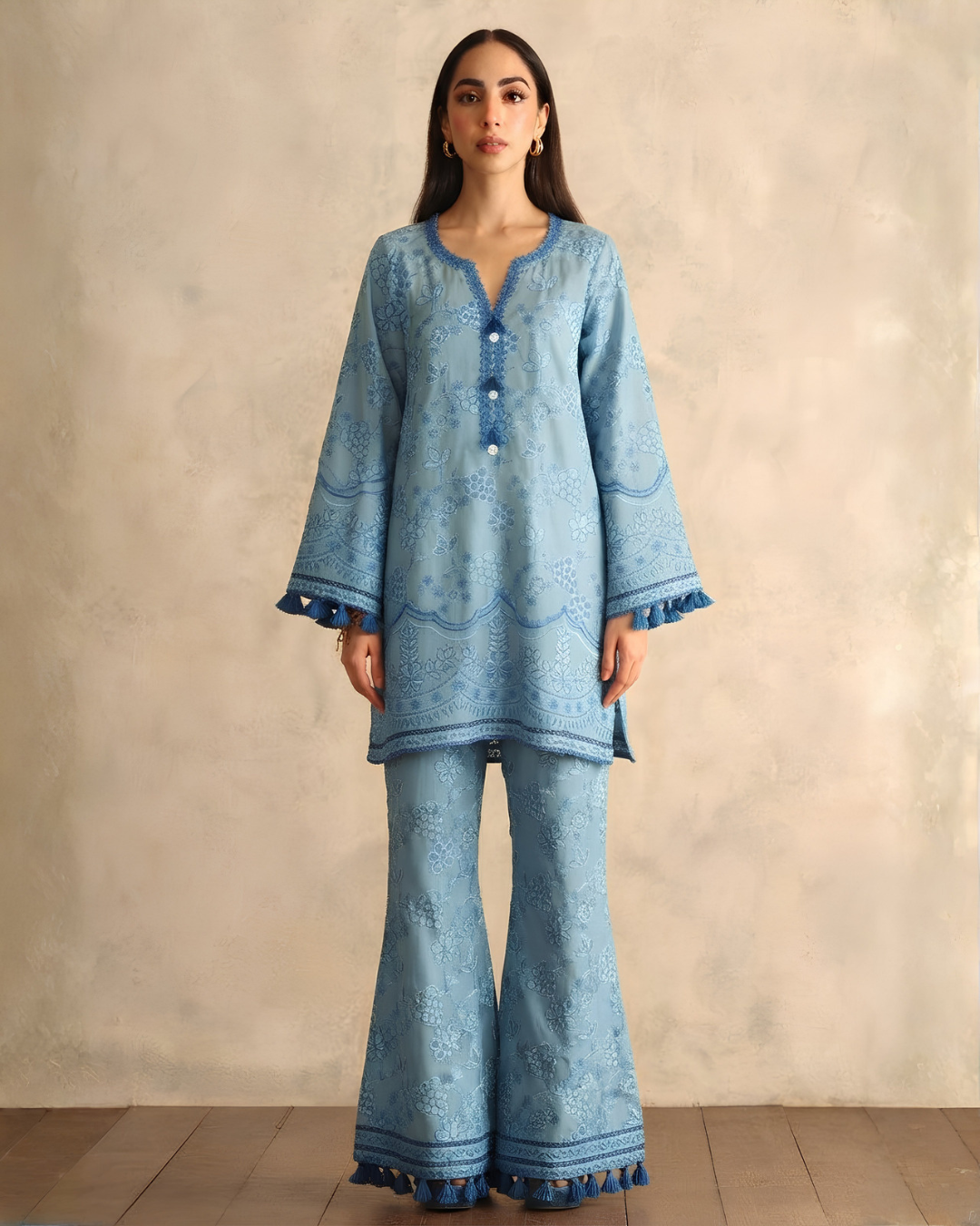 Powder Blue Chikankari Bell-Sleeve Tunic & Flare Pants Set