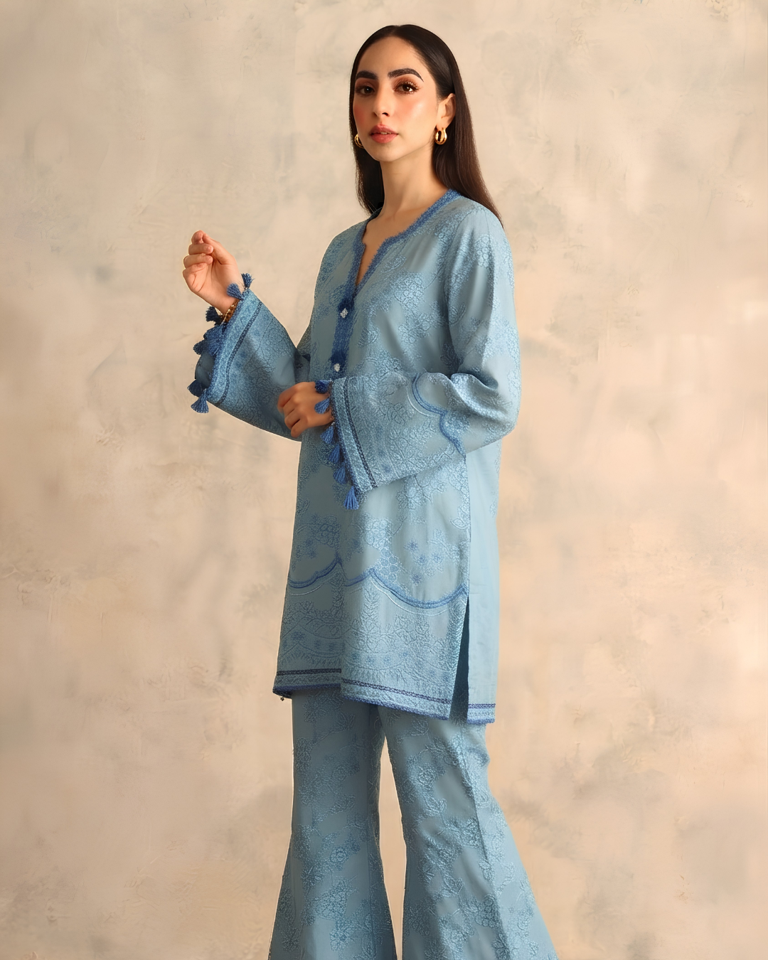 Powder Blue Chikankari Bell-Sleeve Tunic & Flare Pants Set