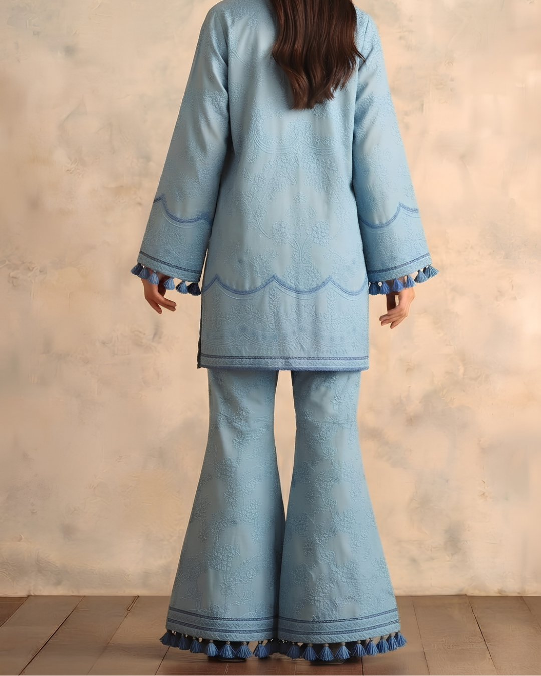 Powder Blue Chikankari Bell-Sleeve Tunic & Flare Pants Set