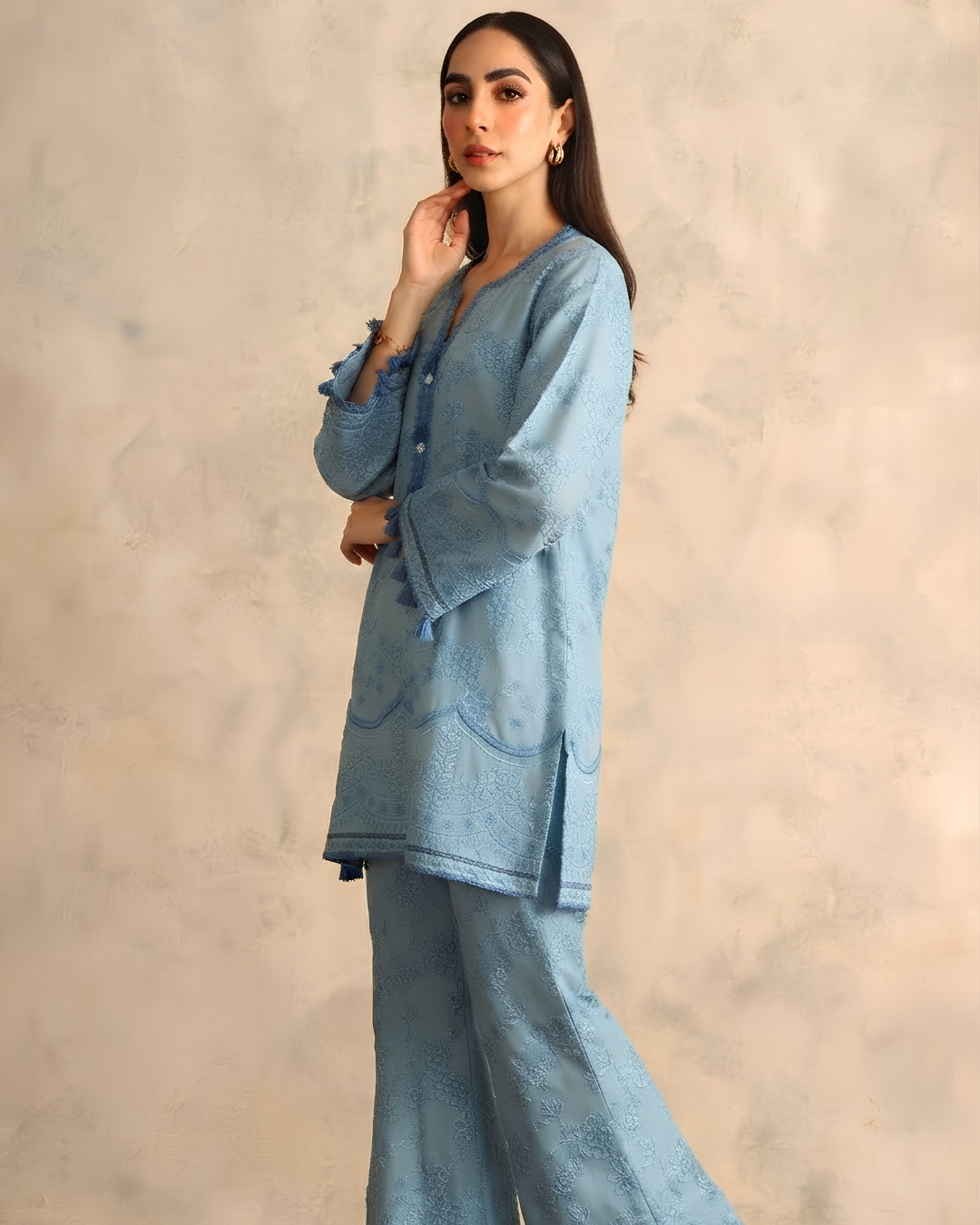 Powder Blue Chikankari Bell-Sleeve Tunic & Flare Pants Set