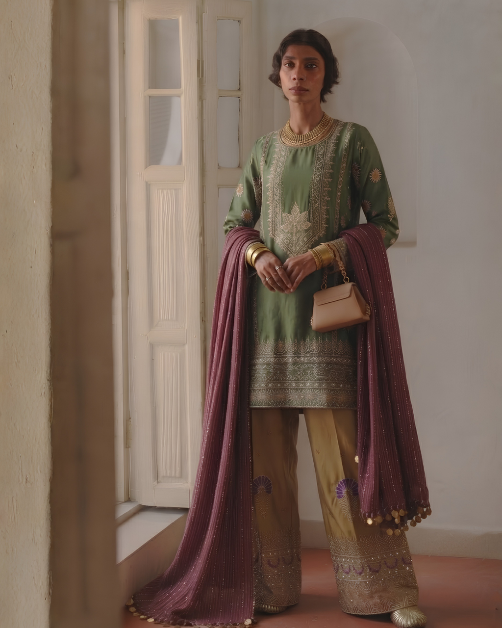 Sage Green & Plum Hand-Embroidered Silk Suit Set