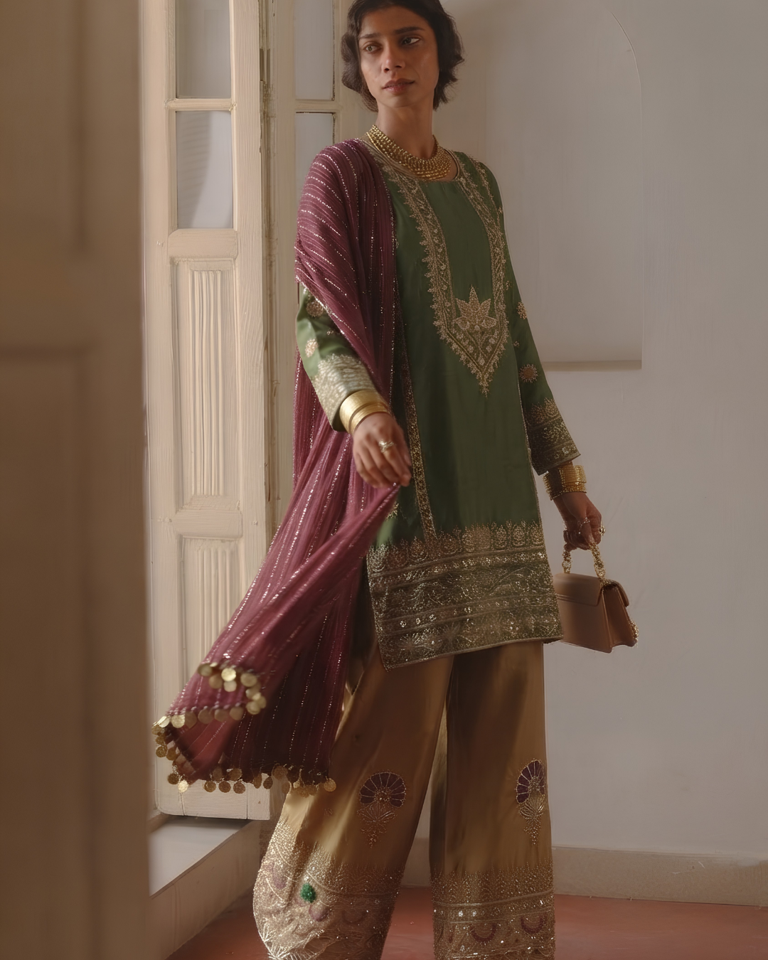 Sage Green & Plum Hand-Embroidered Silk Suit Set