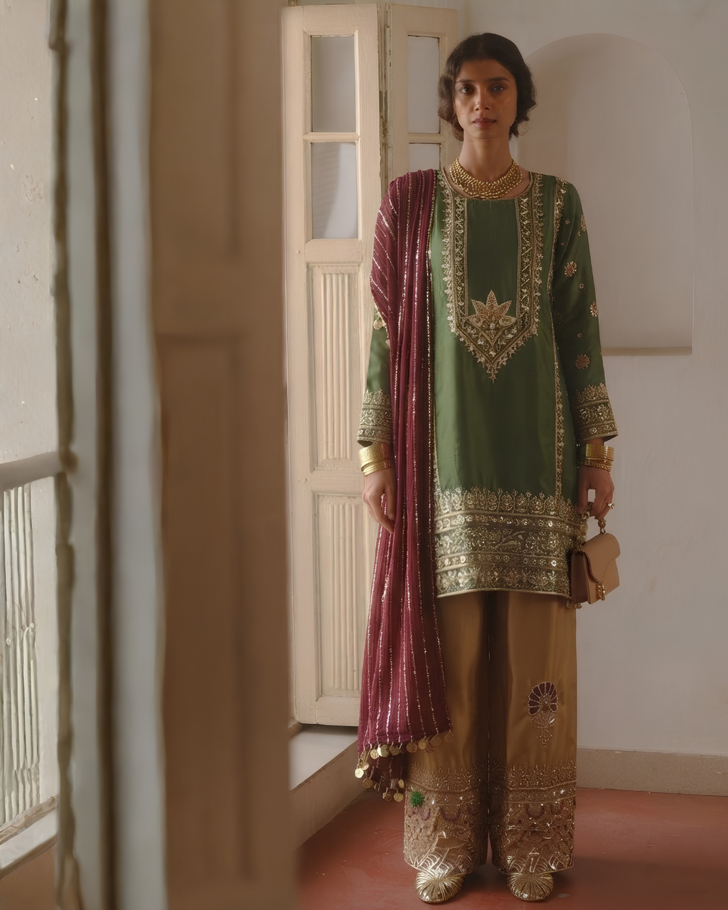 Sage Green & Plum Hand-Embroidered Silk Suit Set