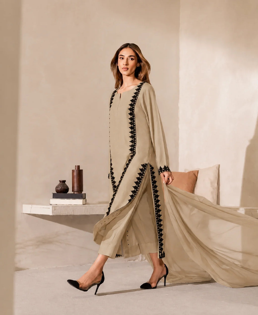 Taupe Embroidered High-Slit Suit Set