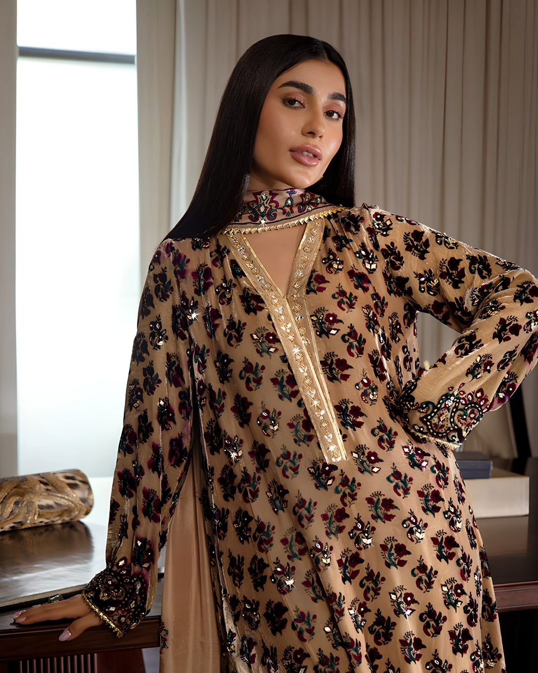 Vintage Rose Floral Burnout Velvet Suit Set