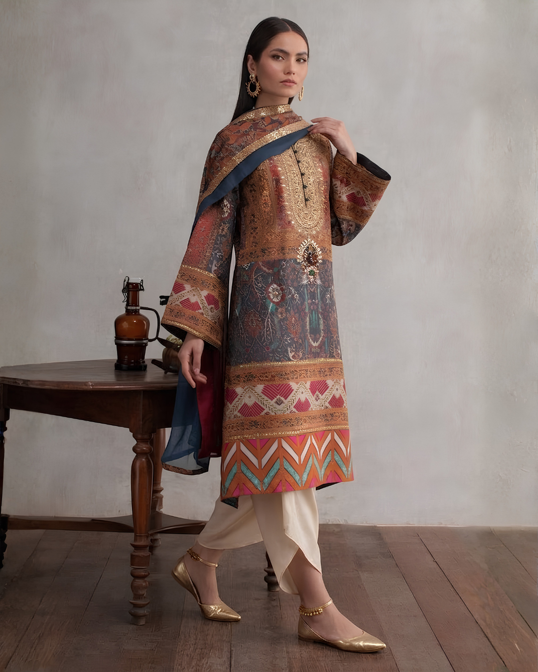 Printed Zardozi Tunic with Drape Tulip Salwar
