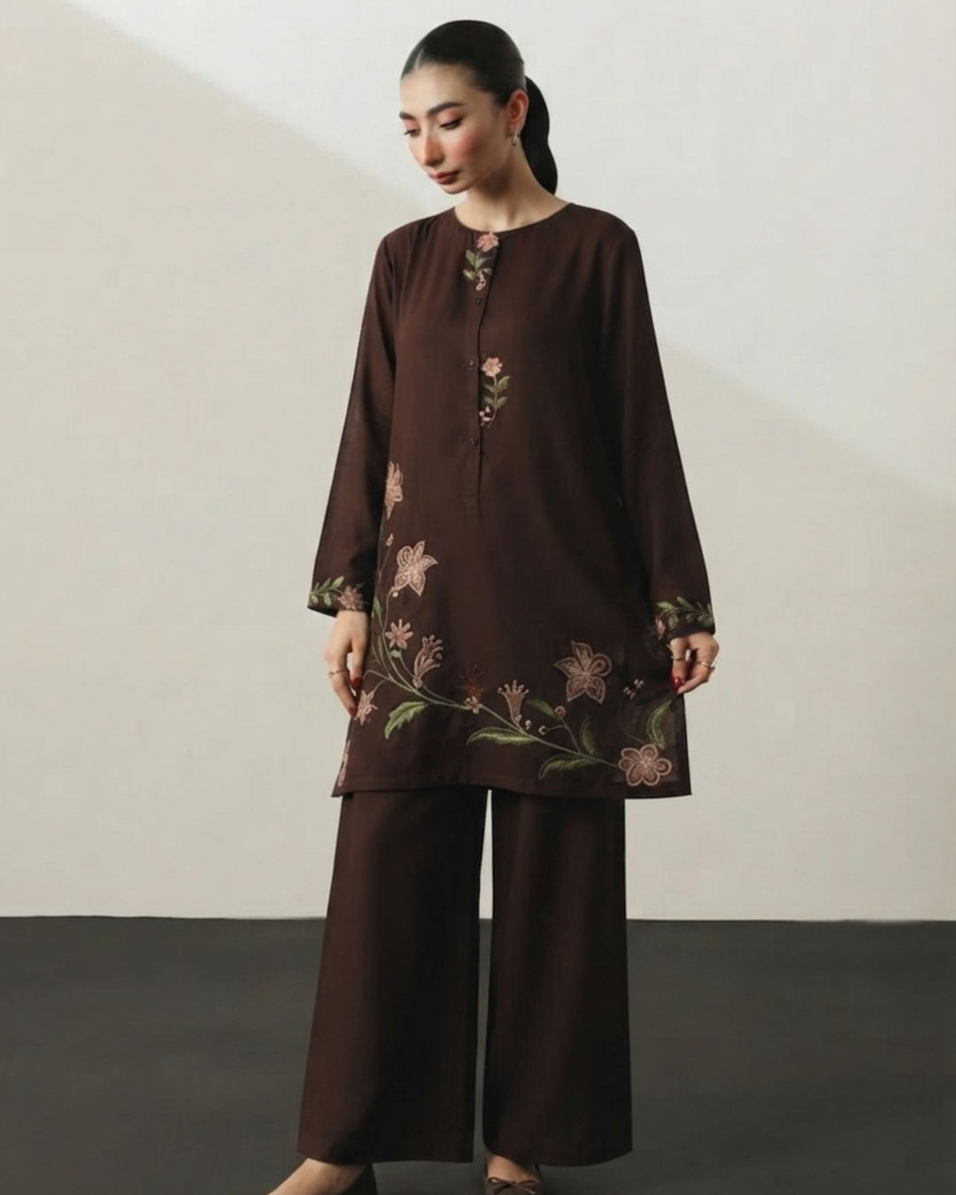 Chocolate Espresso Cutwork Embroidered Co-ord Set