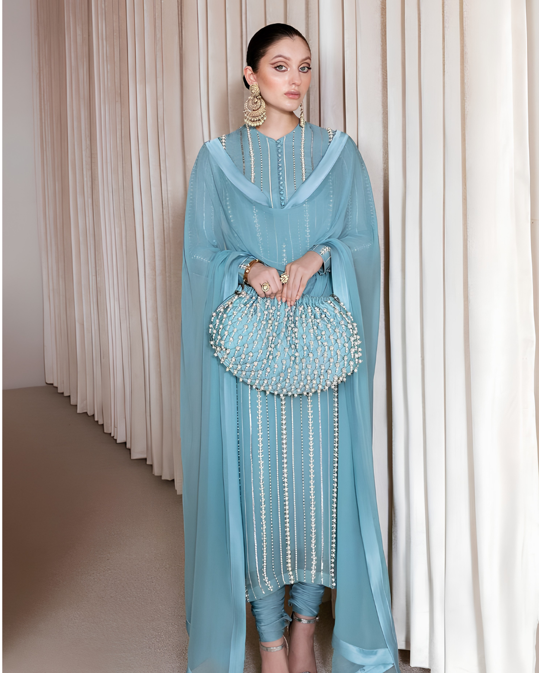 Ice Blue Sequined Striped Straight Suit Set with Churidar