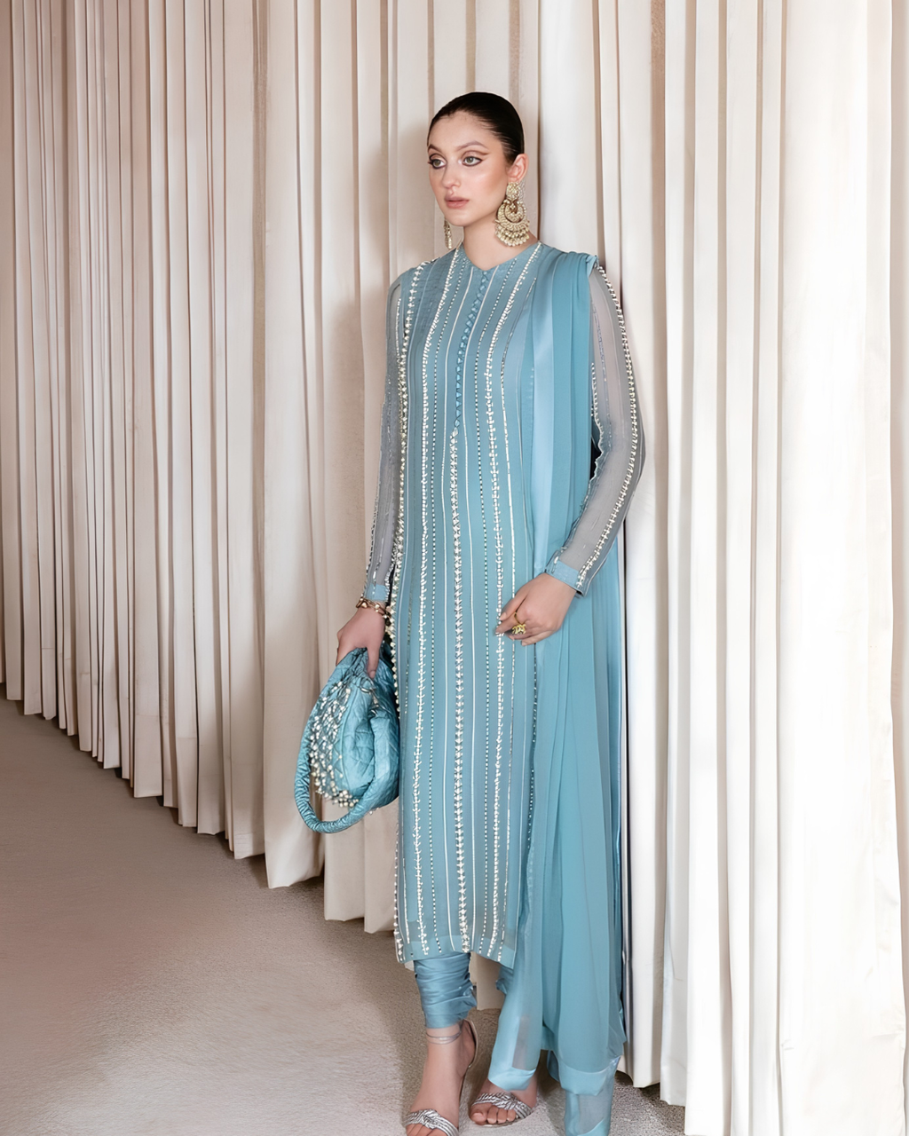 Ice Blue Sequined Striped Straight Suit Set with Churidar