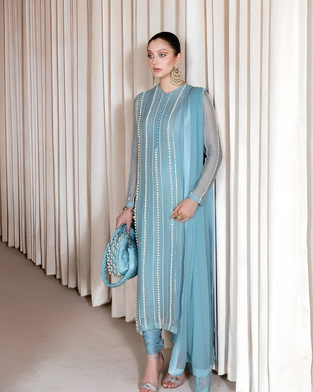 Ice Blue Sequined Striped Straight Suit Set with Churidar