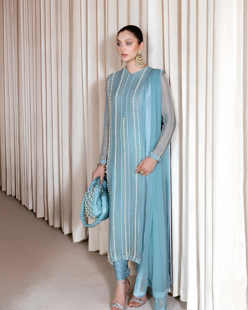 Ice Blue Sequined Striped Straight Suit Set with Churidar