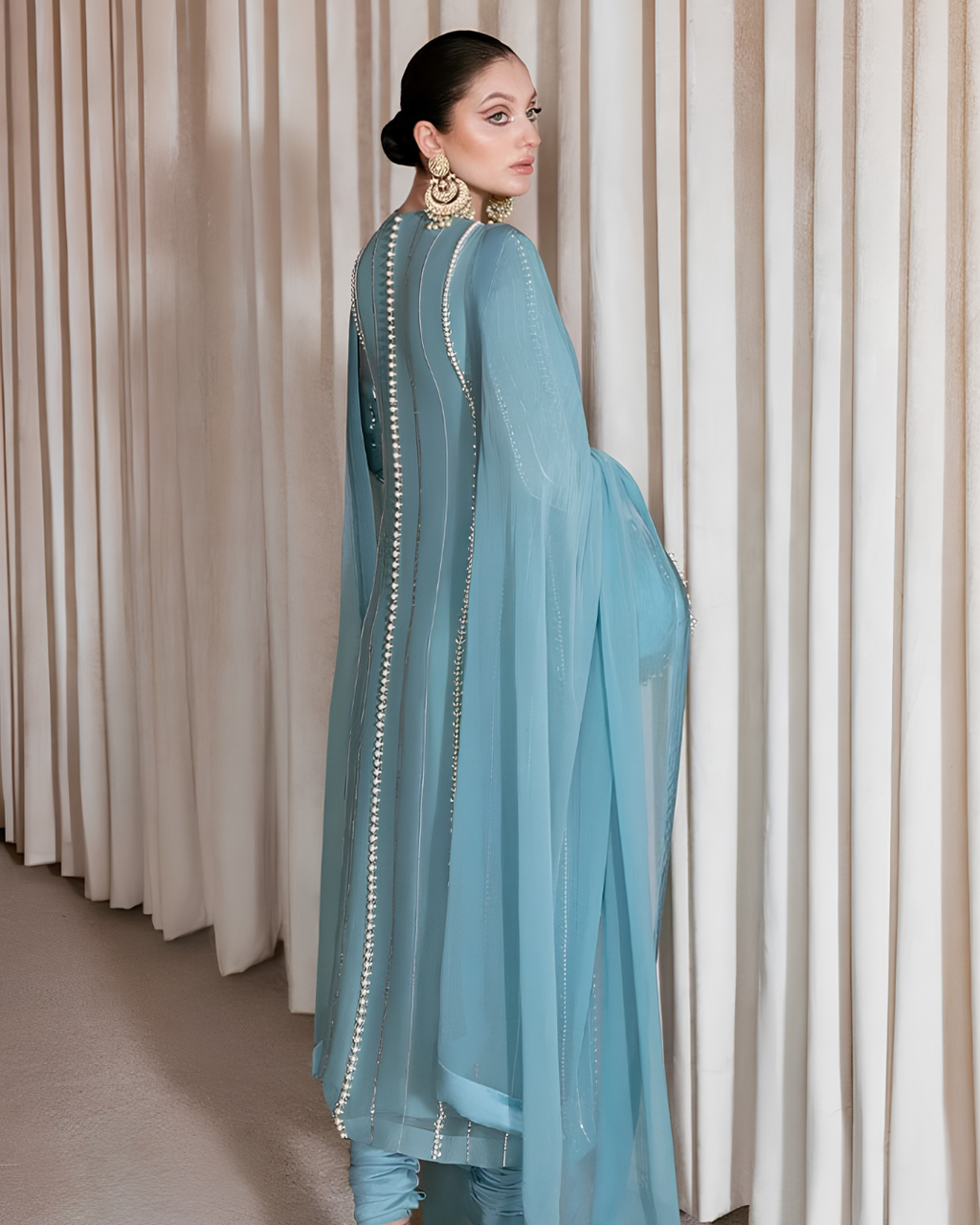 Ice Blue Sequined Striped Straight Suit Set with Churidar
