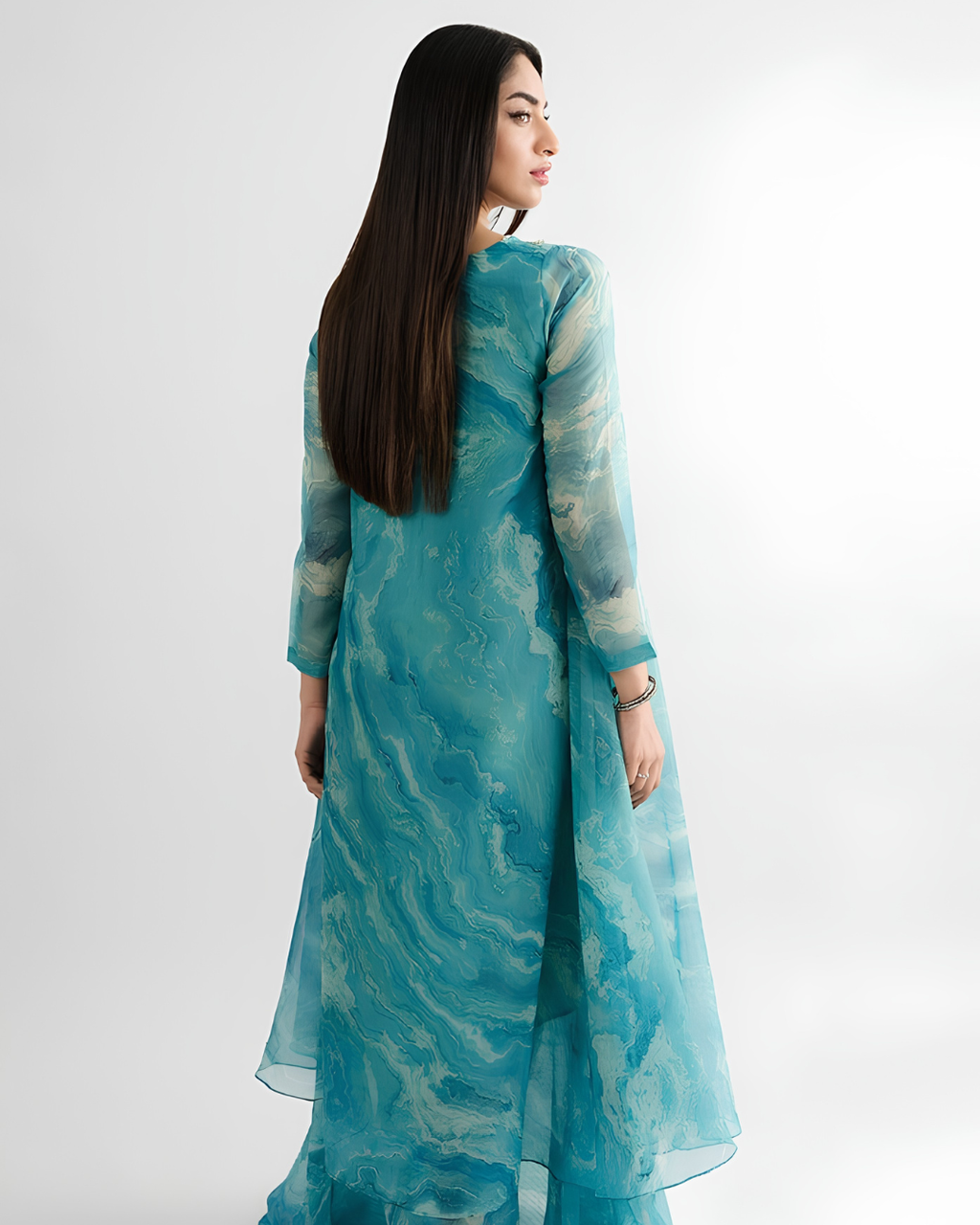 Aqua Marble Print Embellished Anarkali Suit Set