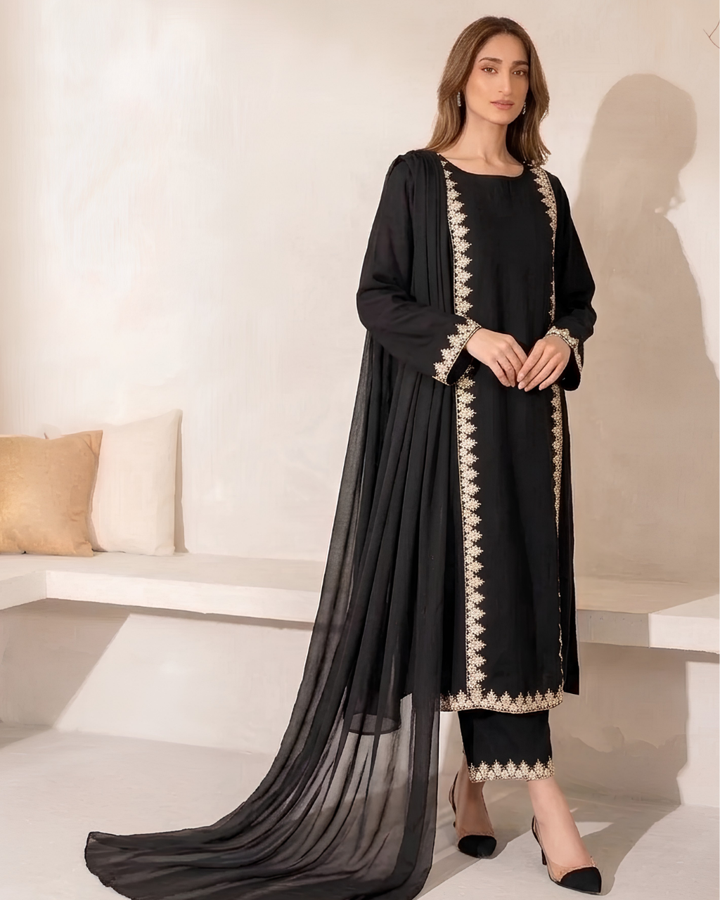 Taupe Embroidered High-Slit Suit Set