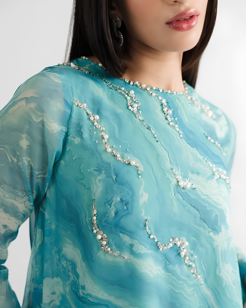 Aqua Marble Print Embellished Anarkali Suit Set