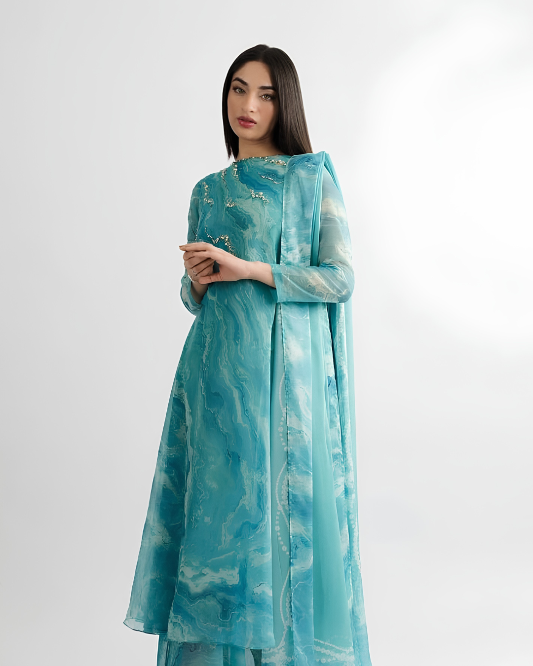 Aqua Marble Print Embellished Anarkali Suit Set