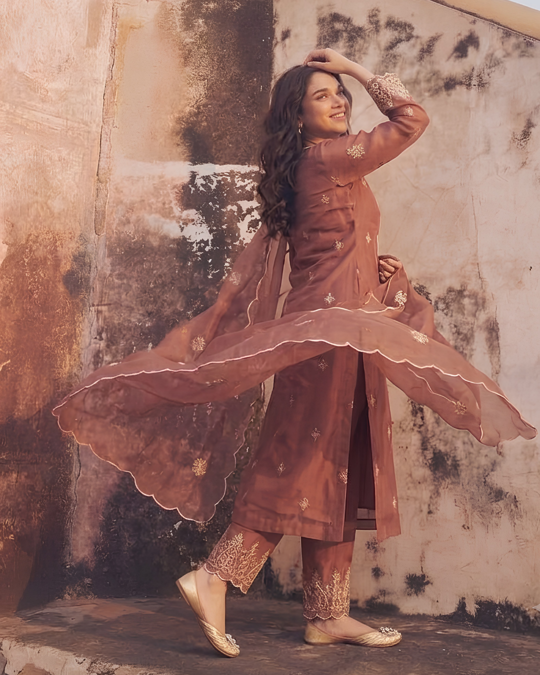 Terracotta V-Neck Embroidered Suit Set