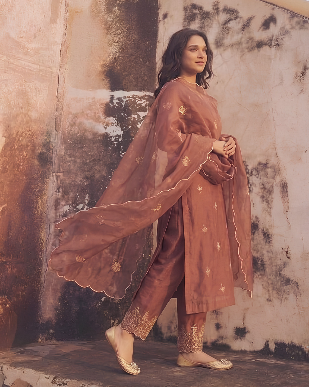 Terracotta V-Neck Embroidered Suit Set