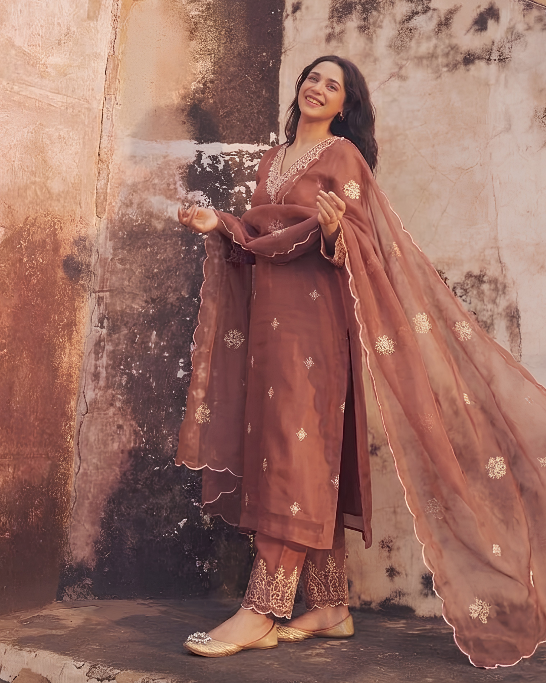 Terracotta V-Neck Embroidered Suit Set