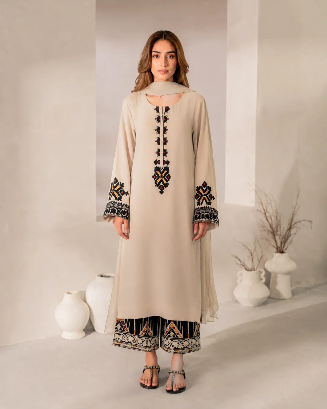 Oatmeal Folk Motif Long Tunic & Wide-Leg Pants Set
