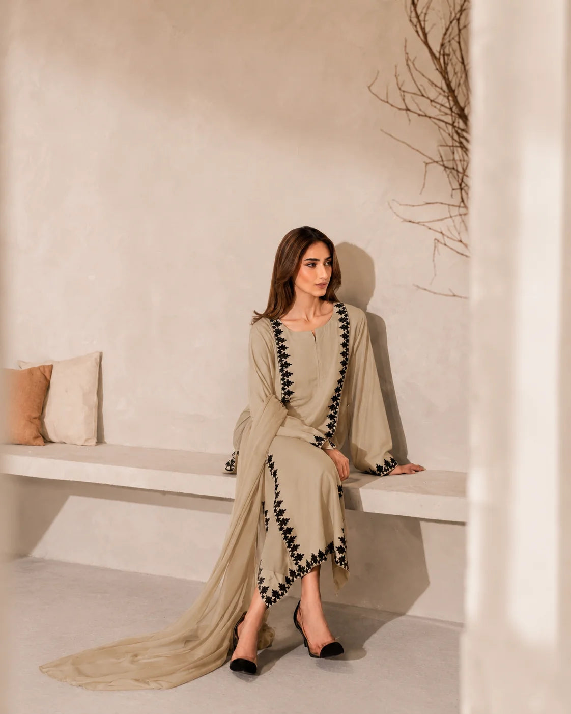 Taupe Embroidered High-Slit Suit Set