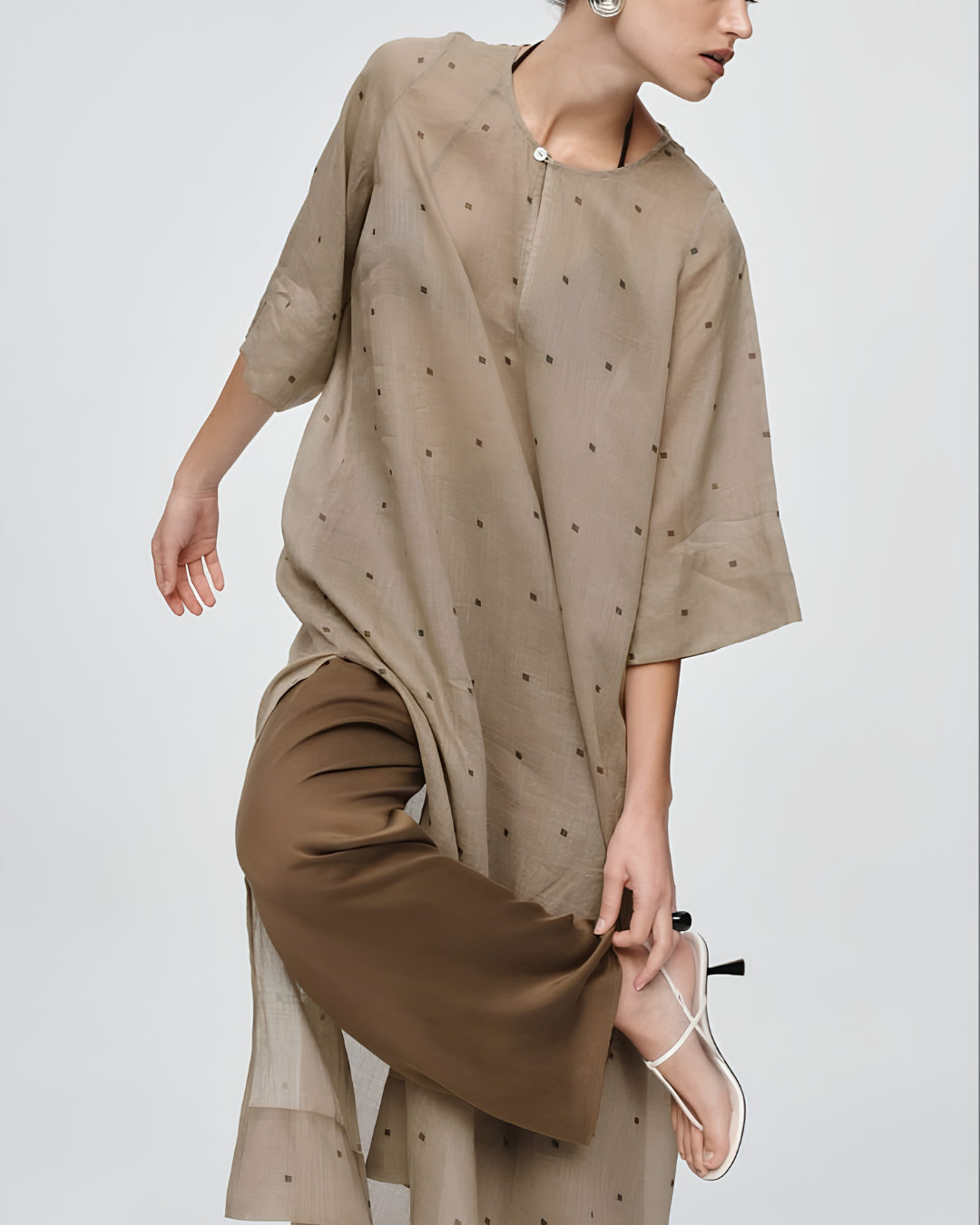 Muted Taupe Chanderi Tunic & Satin Trousers Set