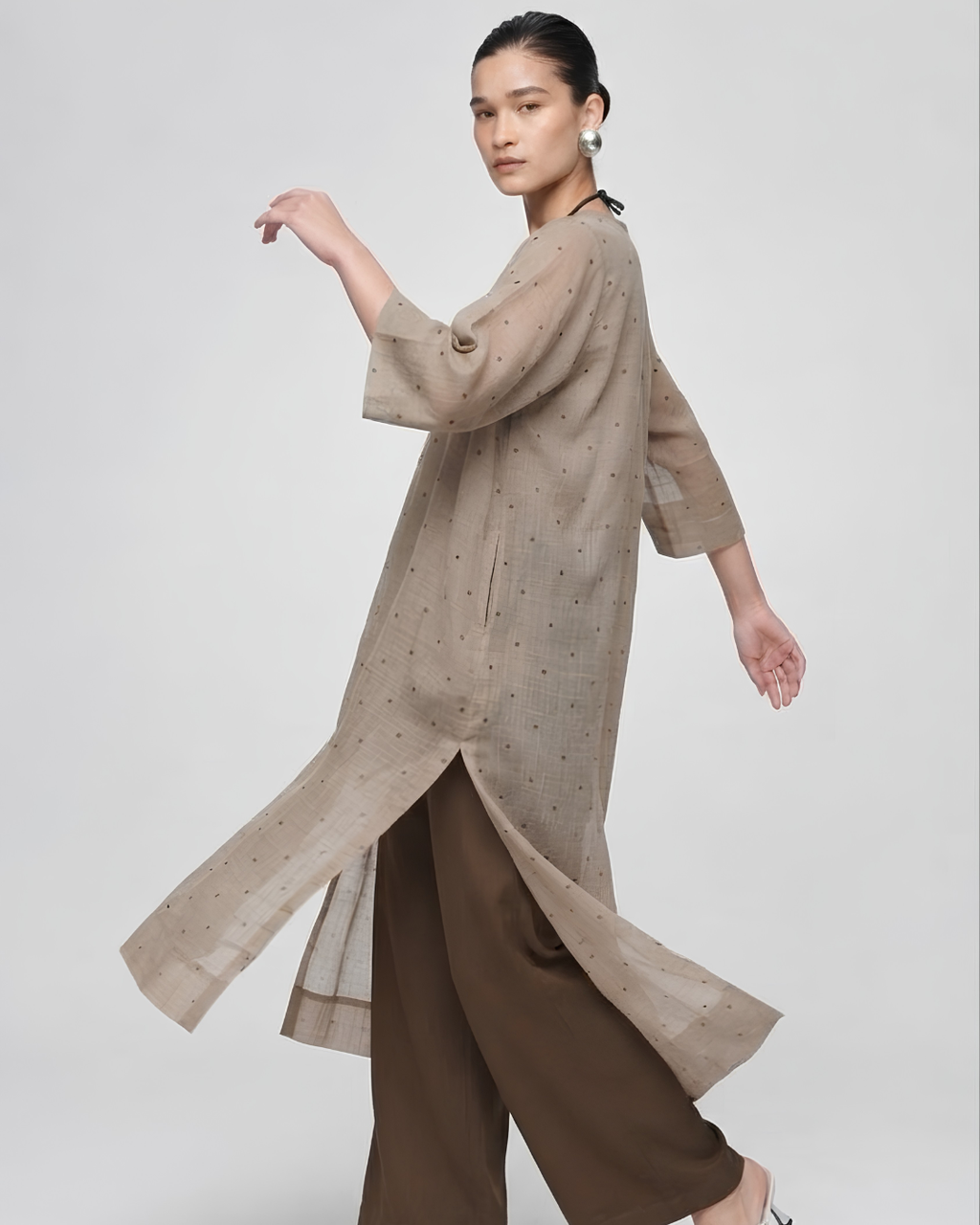 Muted Taupe Chanderi Tunic & Satin Trousers Set