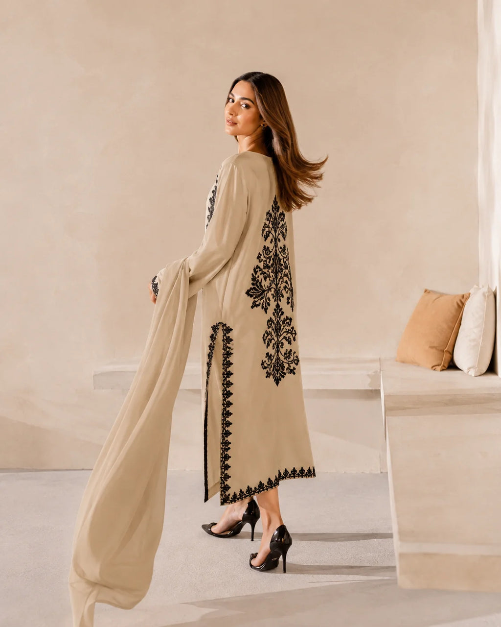 Taupe Embroidered High-Slit Suit Set