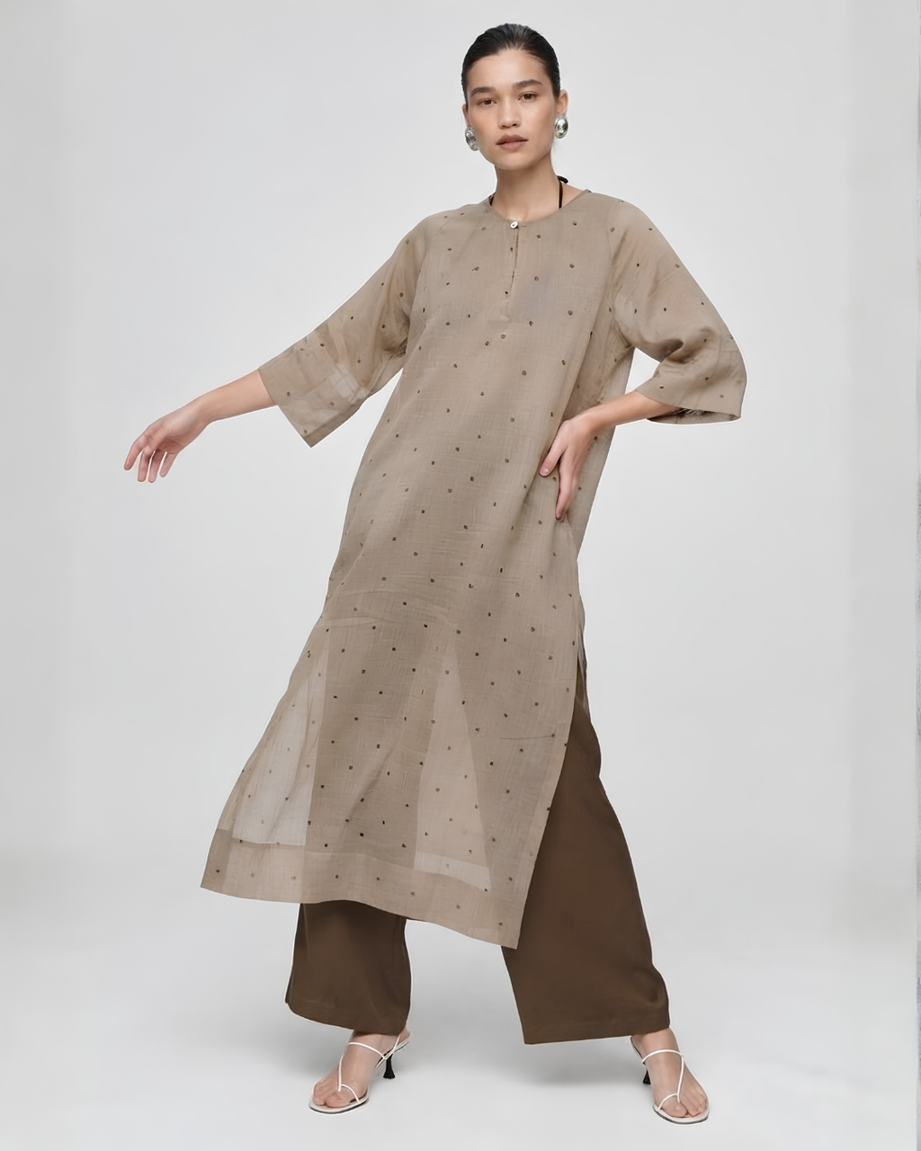 Muted Taupe Chanderi Tunic & Satin Trousers Set
