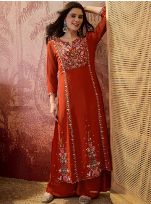 Rust Floral Embroidered Anarkali Suit Set
