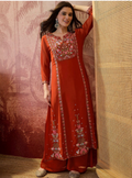 Rust Floral Embroidered Anarkali Suit Set