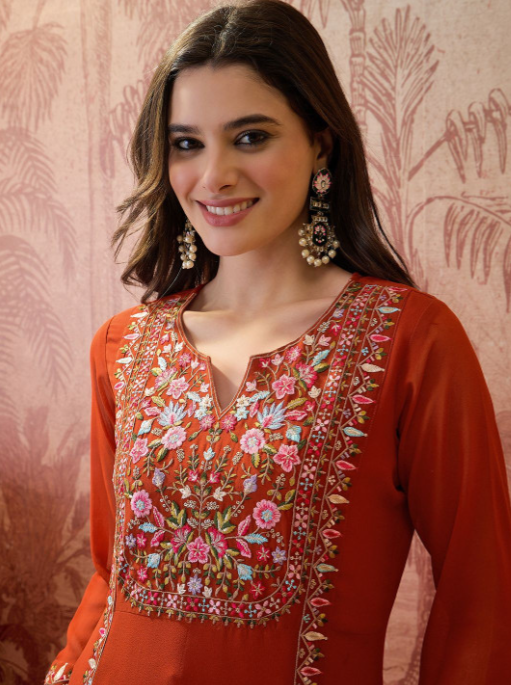 Rust Floral Embroidered Anarkali Suit Set