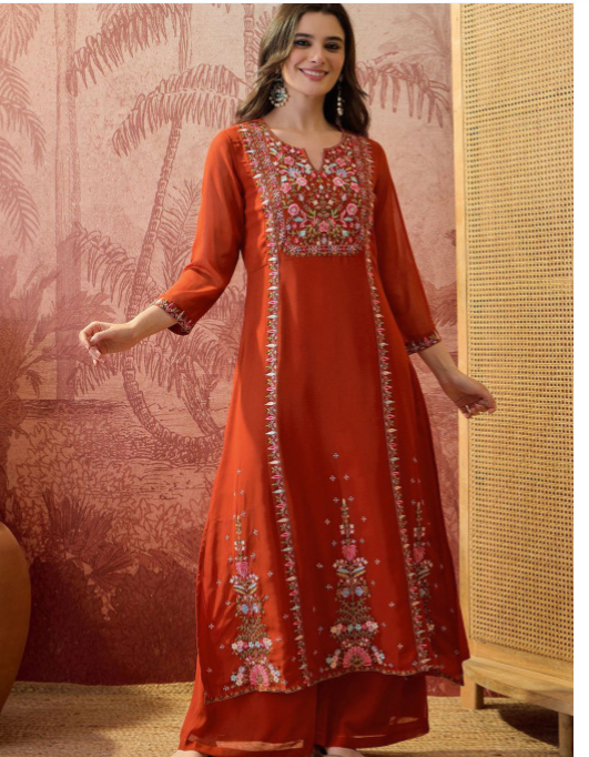 Rust Floral Embroidered Anarkali Suit Set