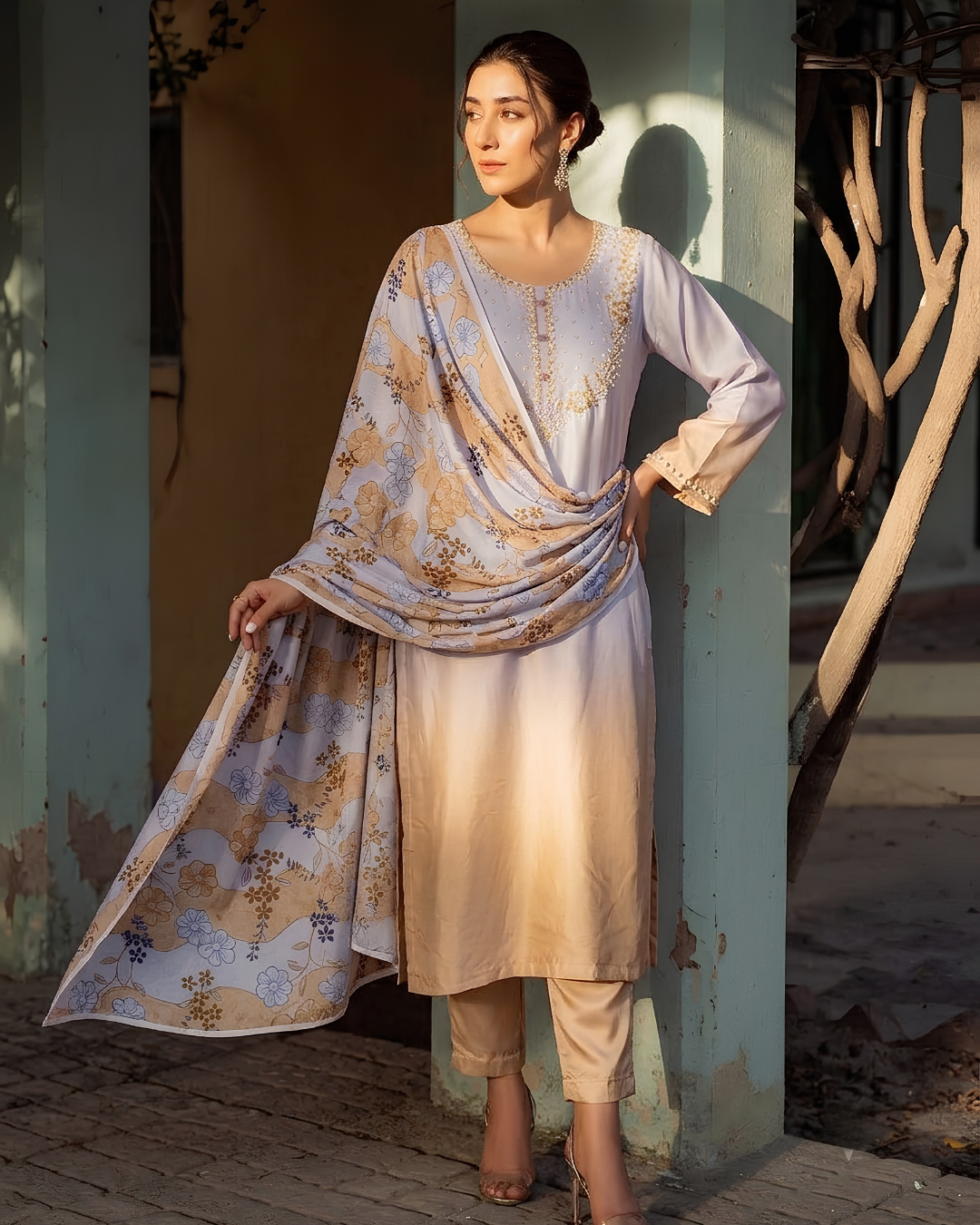 Lilac & Beige Ombré Hand-Embroidered Kurta Set